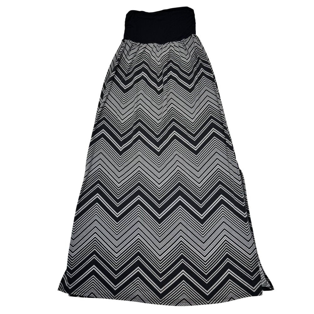Vanity Womens Chevron Maxi Skirt Black White Zig Zag Side Slit Size S RN61046